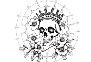 Mandala dream catcher with detailed beautiful gothic boho flowers on vine and skull with gorgeous crown tattoo idea