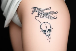 Woman in profile with hair blowing in a wind holding a skull.  Viking runes in the background tattoo idea