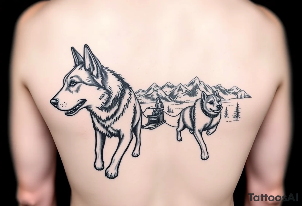 Sled dogs from a side viewwith sled and northern lights and mountains tattoo idea