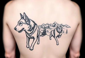 Sled dogs from a side viewwith sled and northern lights and mountains tattoo idea