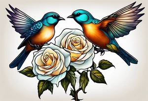 Two birds sitting on a stem of White roses, on bird is about to land next to them on the stem. tattoo idea