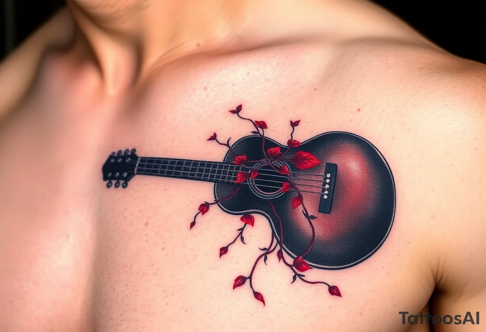 A broken guitar with vines growing through the strings, in dark tones of black and deep red, representing the fusion of music and eternal love tattoo idea