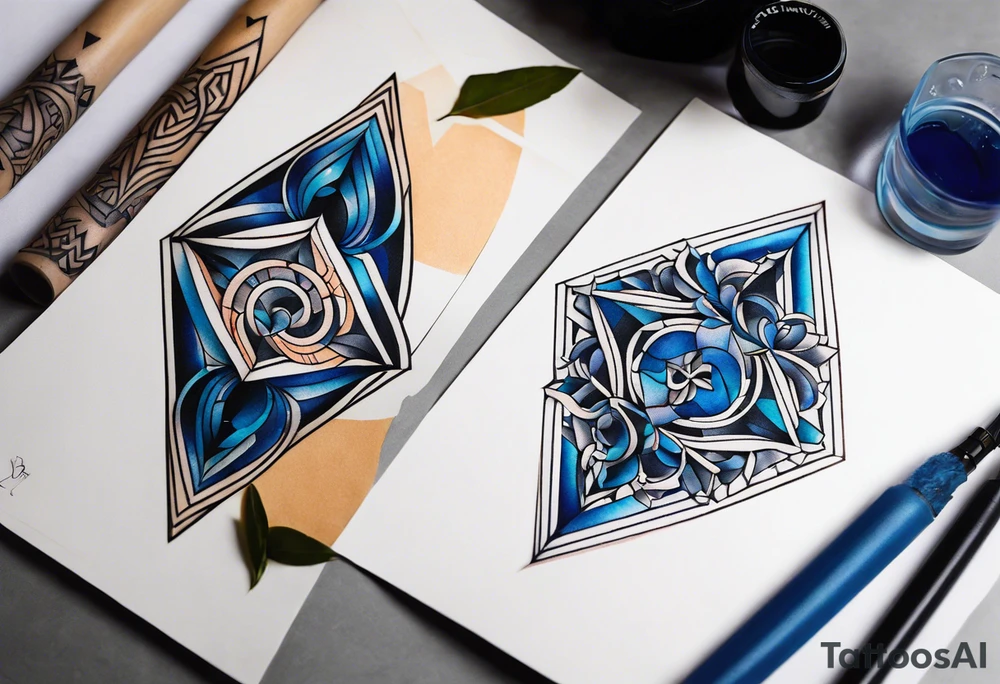 semi Detailed neo traditional knee tattoo flat on paper. The tattoo features geometric patterns and bold lines, creating a visually striking design with slight tints of deep fall colors. The a background featuring deep blues washes and water swirls tattoo idea