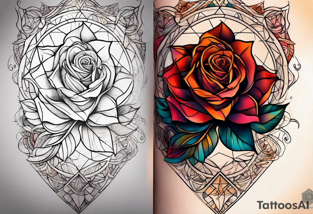 knee tattoo with sacred geometry, roses and swirl washes in background in fall colors tattoo idea