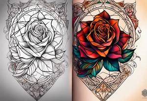 knee tattoo with sacred geometry, roses and swirl washes in background in fall colors tattoo idea