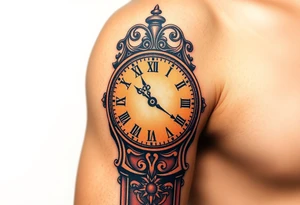 A timeless grandfather clock with delicate engravings, with the birth time and date "02. 03. 2020" glowing in soft golden light, in warm sepia and gold hues tattoo idea