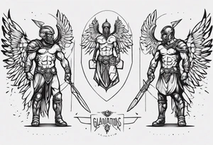 ultra-fine line linework vector of a gladiator with wings tattoo idea