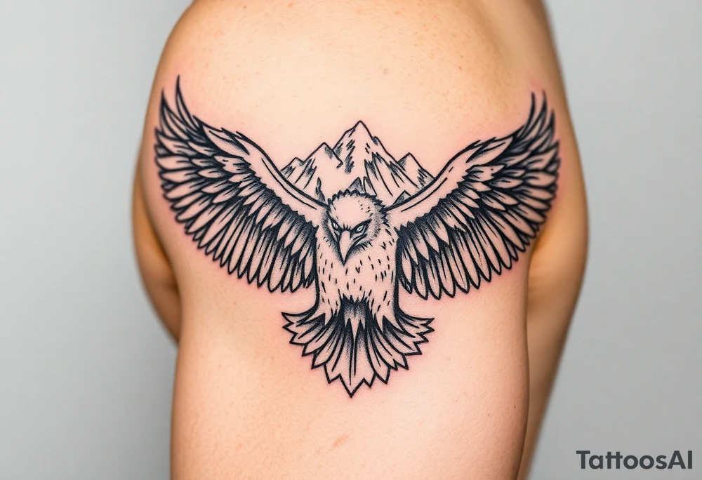 majestic eagle spreading wings against mountain peaks tattoo idea