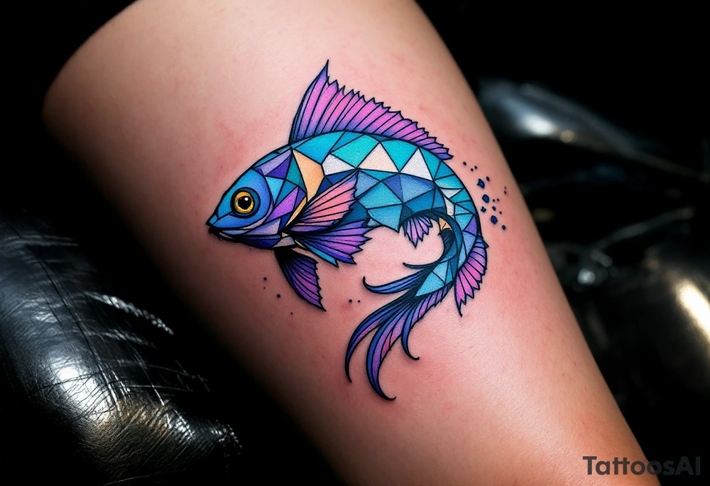 Geometric Catfish – A catfish formed with sharp angular segments in gradient shades of blue, fins segmented with triangle patterns, and a dotwork water base. tattoo idea