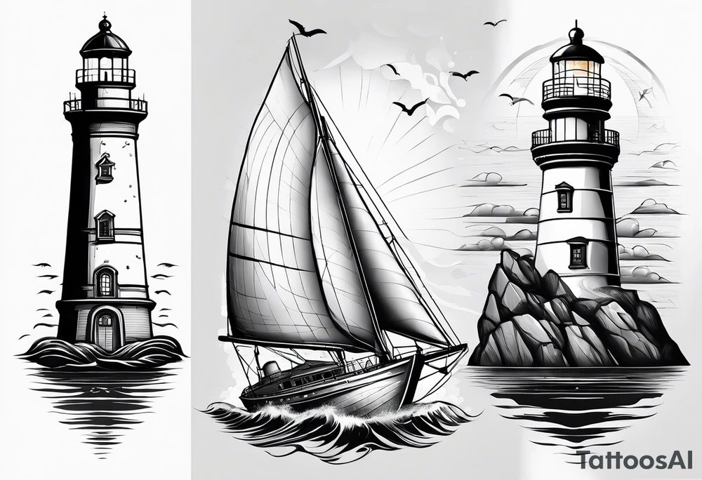 ghost marine lighthouse behind the bow of a sailboat. tattoo idea