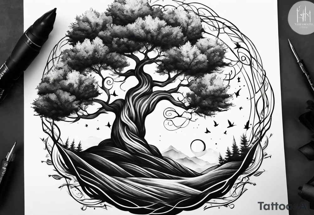 Tree spiraling around another tree tattoo idea