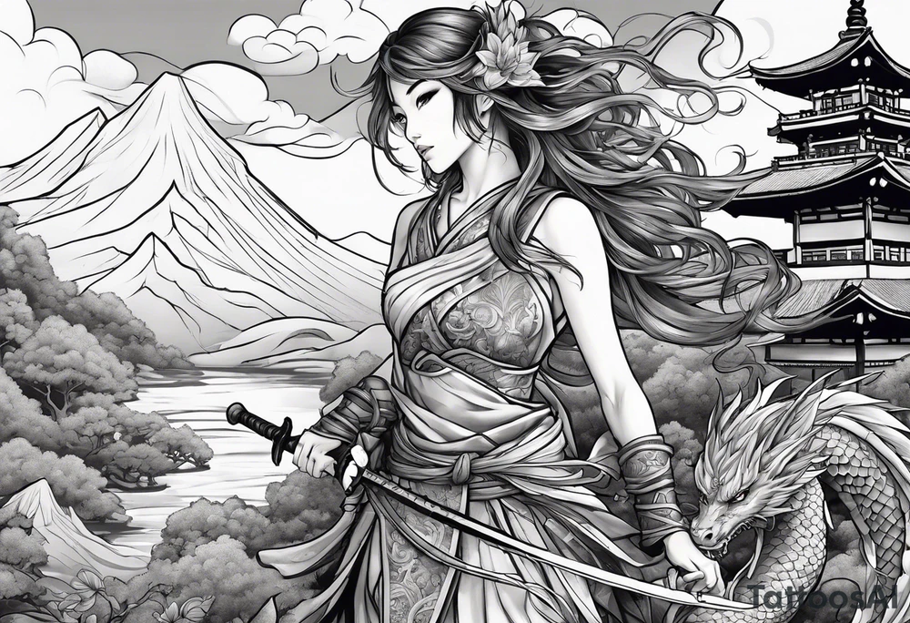 warrior beautiful fairy nymph with a full body with a sword and a full dragon with a mountain with clouds and a Japanese building background tattoo idea