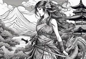 warrior beautiful fairy nymph with a full body with a sword and a full dragon with a mountain with clouds and a Japanese building background tattoo idea