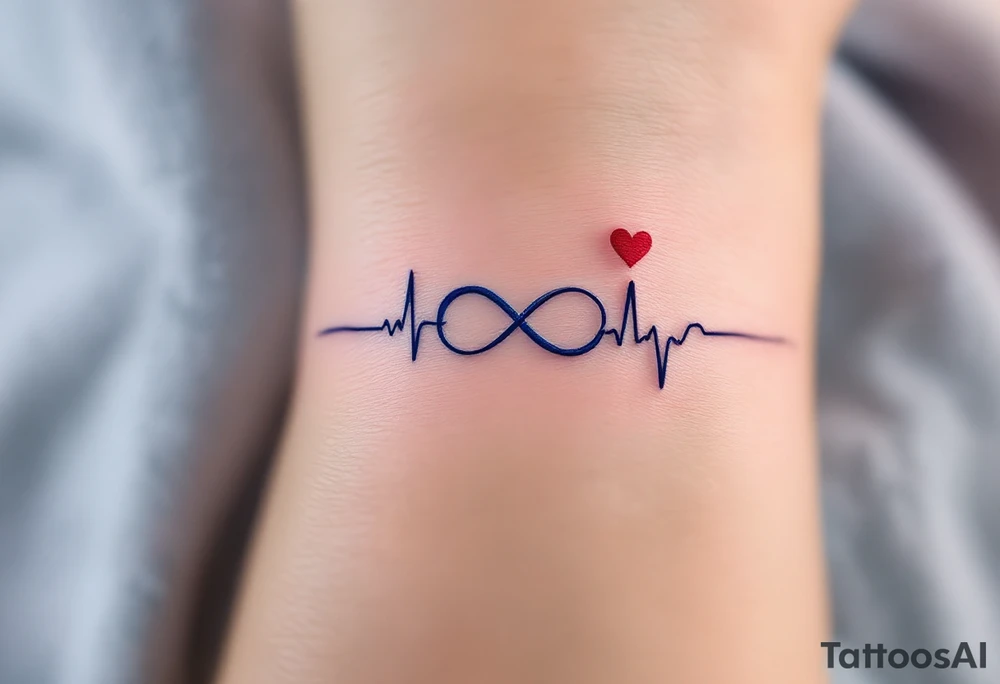 A blue and lavender infinity symbol with a heartbeat line leading into a small red heart. tattoo idea