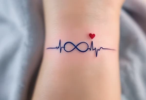 A blue and lavender infinity symbol with a heartbeat line leading into a small red heart. tattoo idea