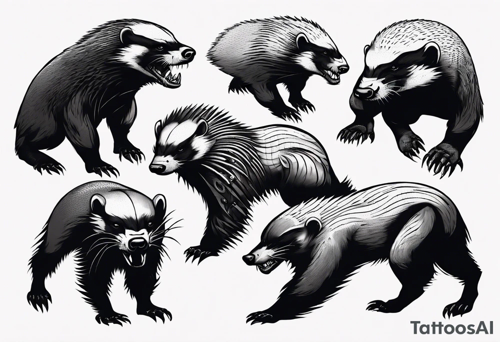 Angry, snarling, detailed full-length honey badger with numerous cuts tattoo idea