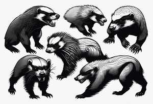 Angry, snarling, detailed full-length honey badger with numerous cuts tattoo idea
