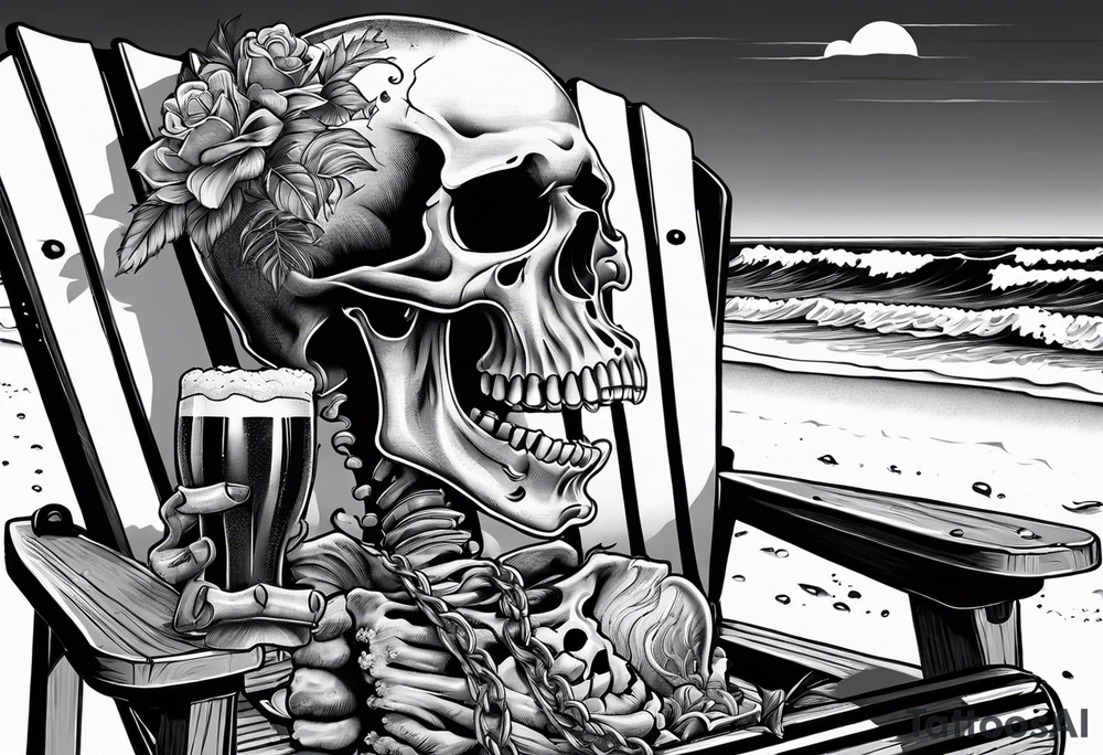 Skull smoke on the beach sitting in a beach chair with a beer in its hand tattoo idea