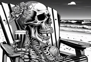 Skull smoke on the beach sitting in a beach chair with a beer in its hand tattoo idea