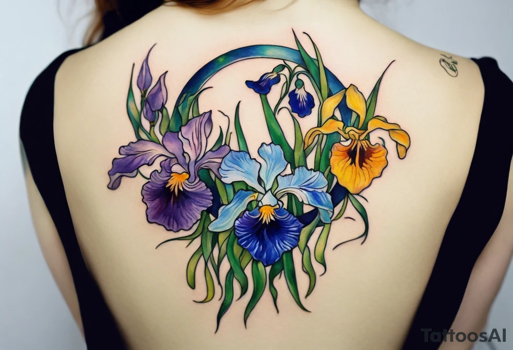 Create a small colorful Vincent van Gogh Irises tattoo in the form of a crescent, with vines gracefully intertwining at a central point in the middle of the wreath. The intended placement is on the upper chest. The overall design should be small in size while maintaining a delicate and artistic aesthetic. Pay attention to the graceful flow of the vines and the placement of the irises to achieve a refined and elegant look. tattoo idea