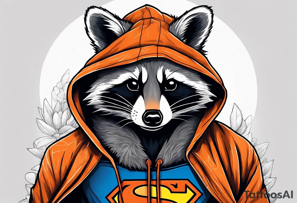 Raccoon wearing an orange Superman hoodie tattoo idea