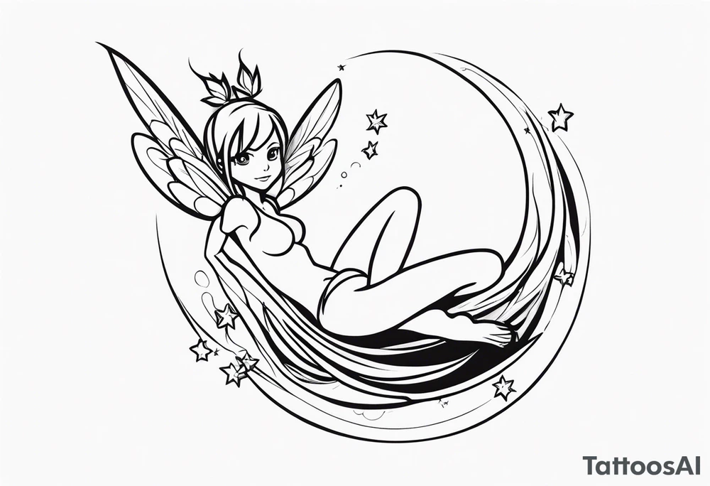 No color fairy with a tail inspired by the logo of the  show called Fairy Tail in a fetal position leaning in and forward while in the air floating and sleeping tattoo idea
