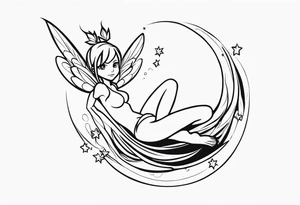 No color fairy with a tail inspired by the logo of the  show called Fairy Tail in a fetal position leaning in and forward while in the air floating and sleeping tattoo idea