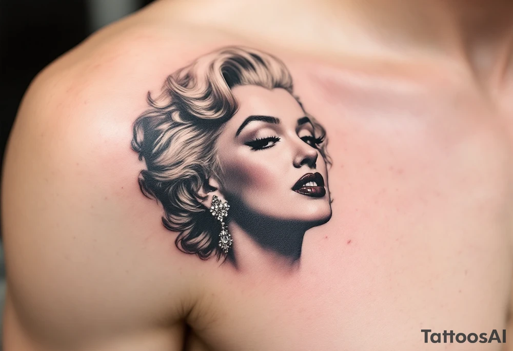 A side-profile portrait of Marilyn in faded black ink with soft blush undertones and golden highlights in her hair. tattoo idea