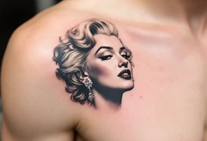 A side-profile portrait of Marilyn in faded black ink with soft blush undertones and golden highlights in her hair. tattoo idea