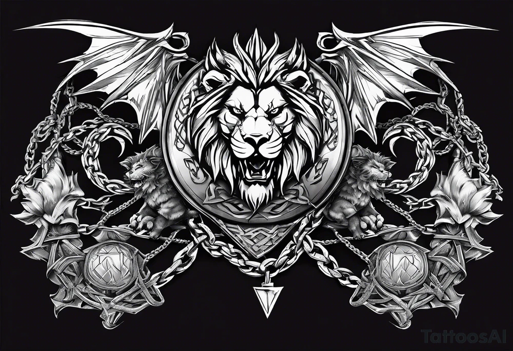 Valhalla sword shield dragon axe Valknut barbed wire chains lion tattoo idea Valhalla sword shield dragon axe Valknut barbed wire chains lion tattoo idea
