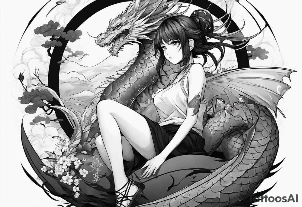 a full shot of an anime girl seen from far, sitting on a ball and surrounded by asian dragon with wings tattoo idea