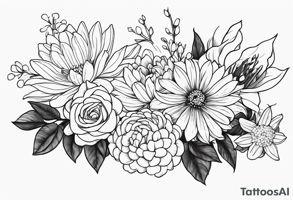 Asters, roses, lily of the valley, and chrysanthemums in a long line tattoo idea