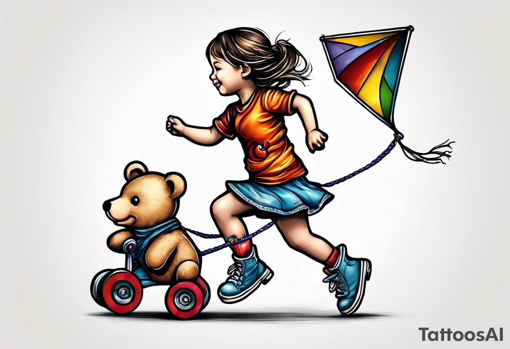 a little girl running away holding a kite with a roller skating teddy bear behind her tattoo idea