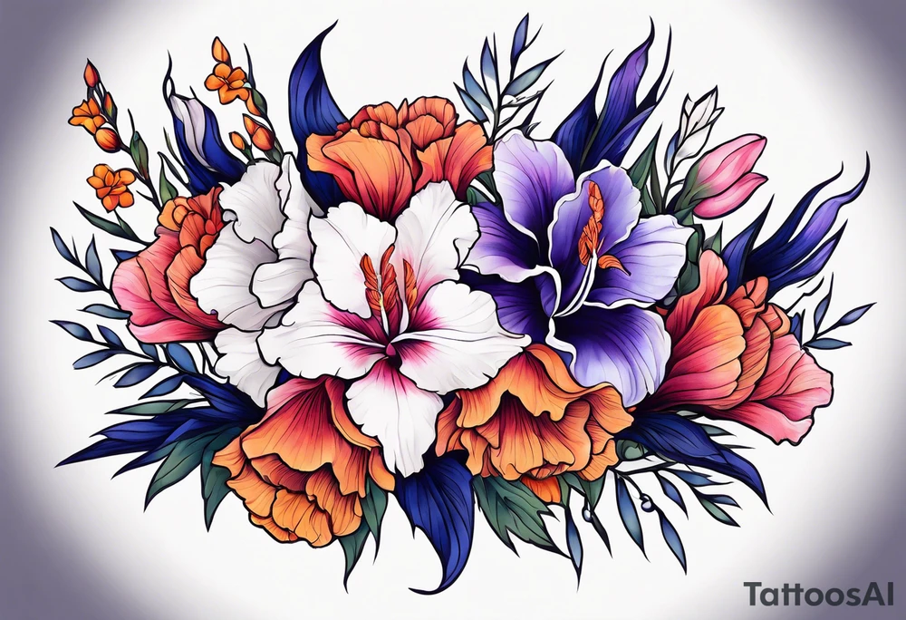 floral tattoo of purple gladiolus flowers, pink peonies, red hawthorns, orange marigold, navy blue sweet peas, and white paper white narcissus tattoo idea