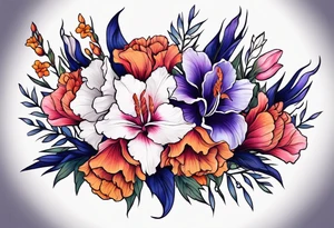 floral tattoo of purple gladiolus flowers, pink peonies, red hawthorns, orange marigold, navy blue sweet peas, and white paper white narcissus tattoo idea