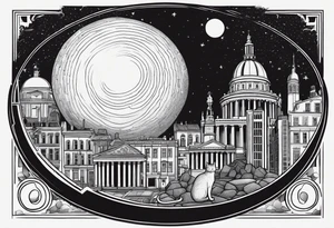 a black hole centered, with historical buildings surrounding it in chronological order, with schrodinger's cat depicted as sisyphus pushing a boulder tattoo idea