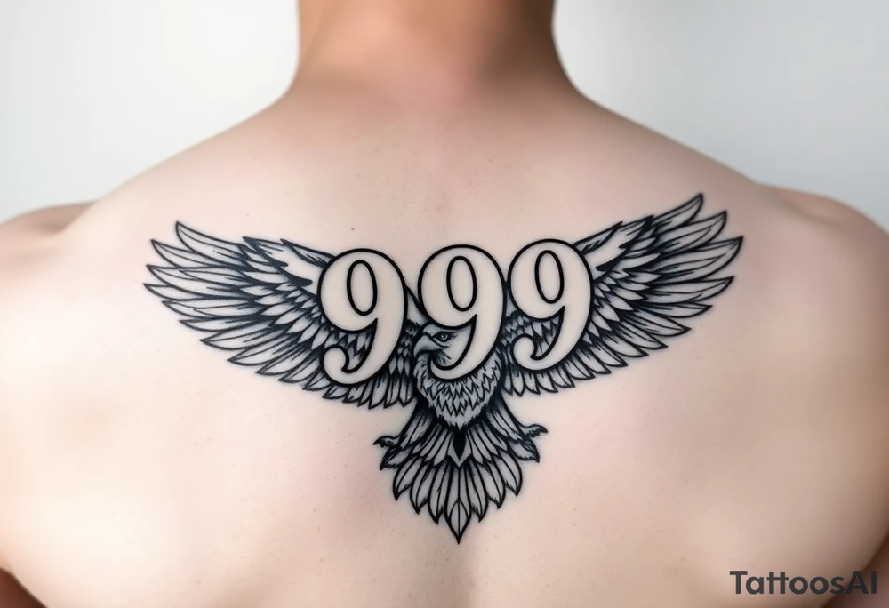 The number 999 in the middle with a majestic eagle around it tattoo idea