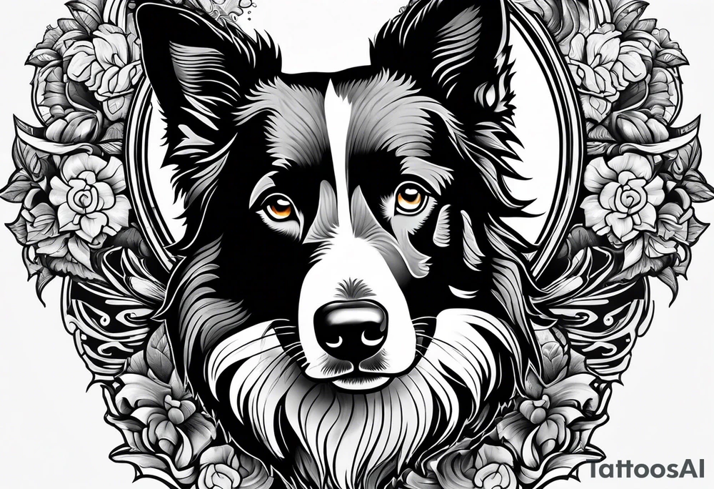 Tattoo of a border collie Muay Thai symbol in the back ground tattoo idea