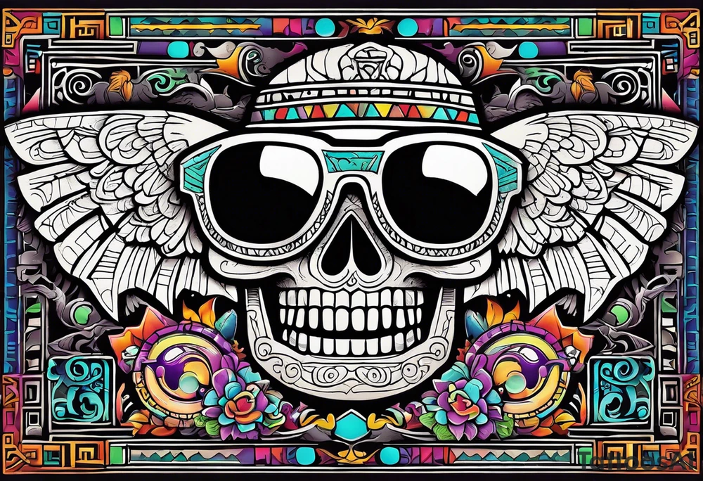 Colorful ancient Mayan hieroglyph made of stone wearing sunglasses reflecting Chichen itza and bats. tattoo idea