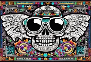 Colorful ancient Mayan hieroglyph made of stone wearing sunglasses reflecting Chichen itza and bats. tattoo idea