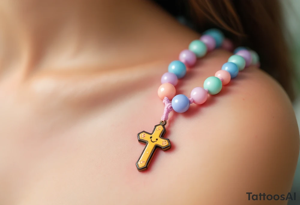 Cheerful cartoon‑style rosary each glossy bead a bright pastel (alternating sky‑blue, mint‑green, and soft lavender), linked by smooth bubble‑gum‑pink cord; the small cross charm at the end is a rounded, chibi‑proportioned golden yellow with a friendly smiley face and tiny sparkles to accent the playful, lighthearted vibe—overall rendered with bold black outlines and subtle cell‑shading for a lively, animated look. tattoo idea