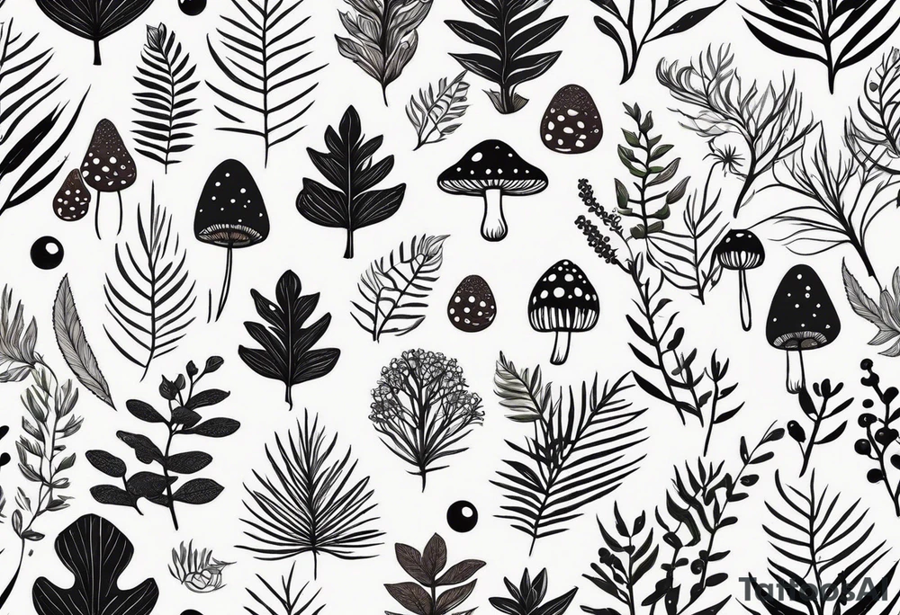 minimalistic forest floor inspired tattoo, which includes grass, moss, curly ferns and dead leaves as the bulk of the tattoo. details to include: forest berries, couple of very small brown mushrooms, a tiny bumblebee flying nearby tattoo idea