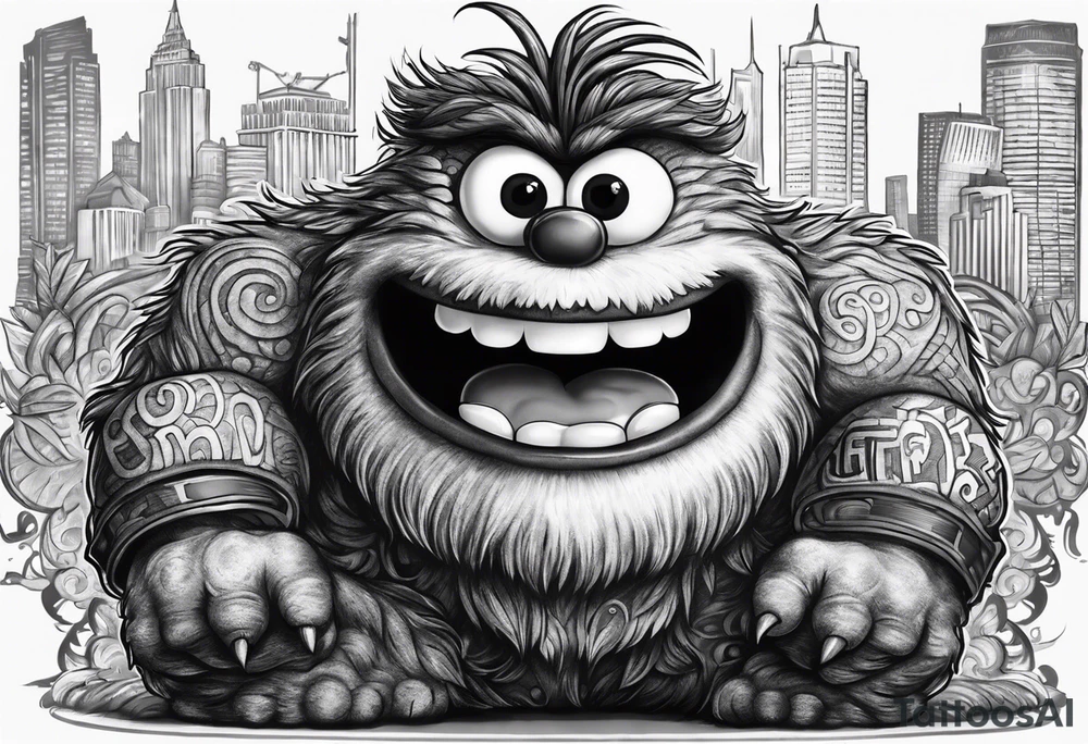 Funny gym monster similar to Elmo tattoo idea
