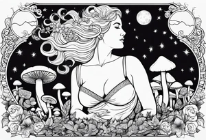 Older blonde fat woman no makeup surrounded by mushrooms mountains crescent moon background tattoo idea