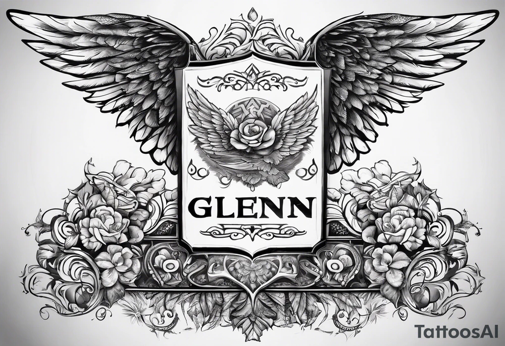 The word Glenn on a banner with angel Wings tattoo idea