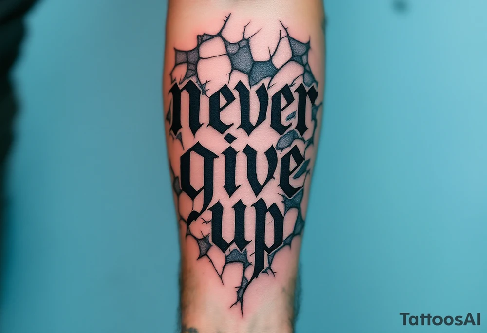 A bold gothic-style "never give up" in deep charcoal gray, framed by cracked stone textures. tattoo idea