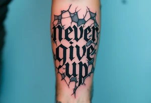 A bold gothic-style "never give up" in deep charcoal gray, framed by cracked stone textures. tattoo idea