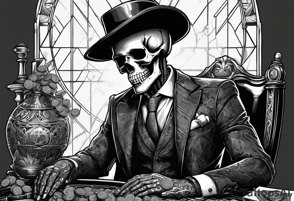 Skeleton in suit, with hat, sitting at the table, holding poker tokens tattoo idea holding cigar tattoo idea