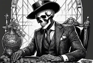 Skeleton in suit, with hat, sitting at the table, holding poker tokens tattoo idea holding cigar tattoo idea