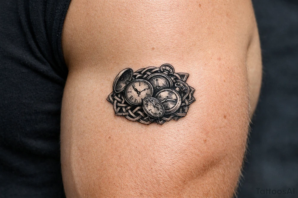 large size Cluster of vintage pocket watches, some open, some closed, woven with Celtic braids. tattoo idea